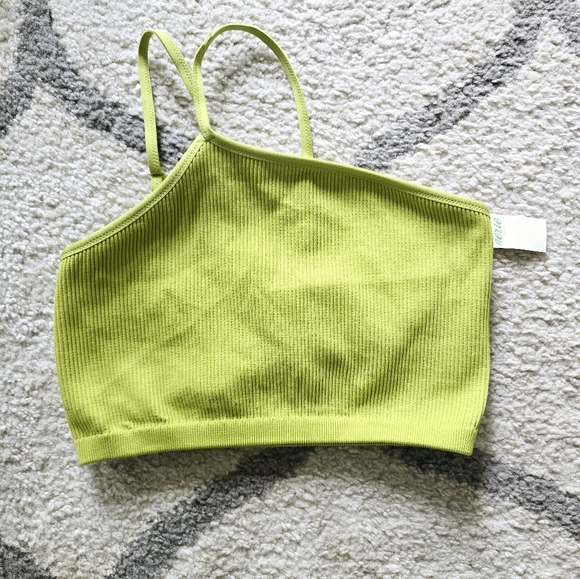 Aerie Ribbed Lime Green Ine Shoulder Crop Sports Bra M - Picture 3 of 4